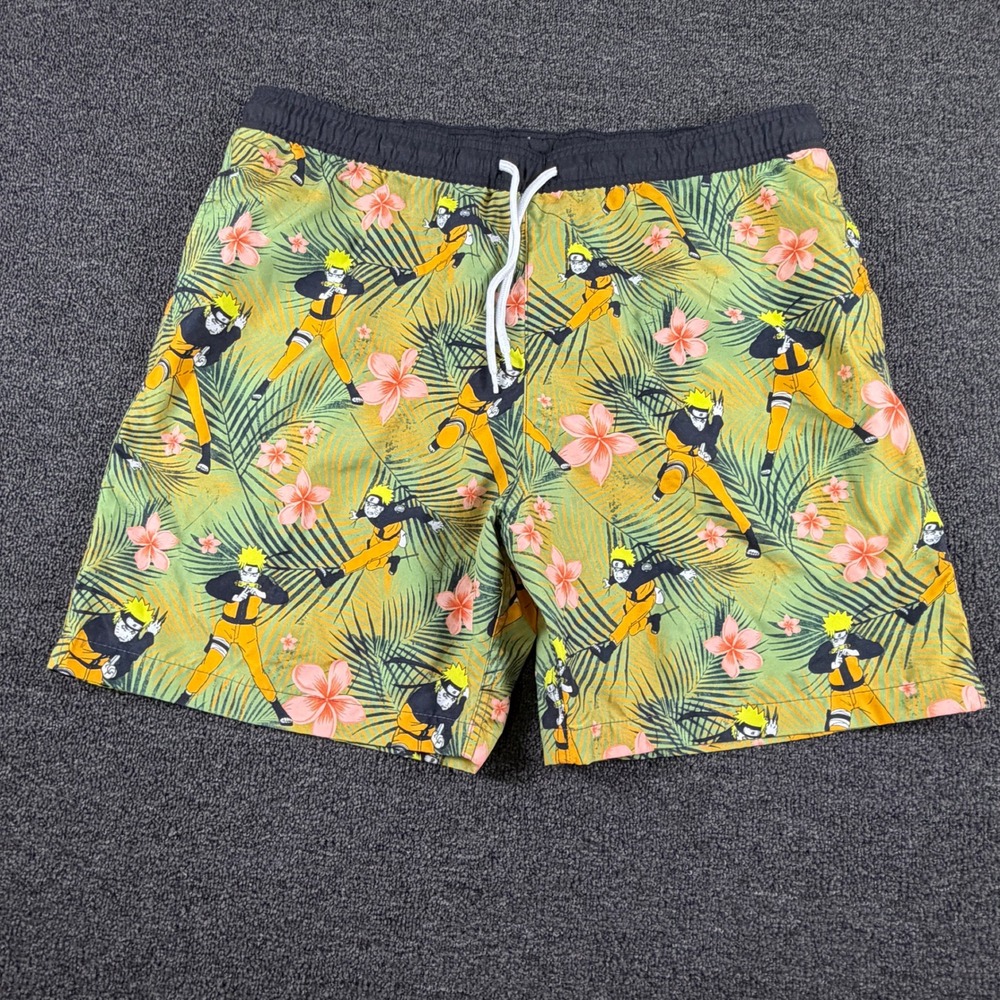 Naruto Shippuden Swim Trunks Mens L Tropical Anime Print Green EUC Viz Media